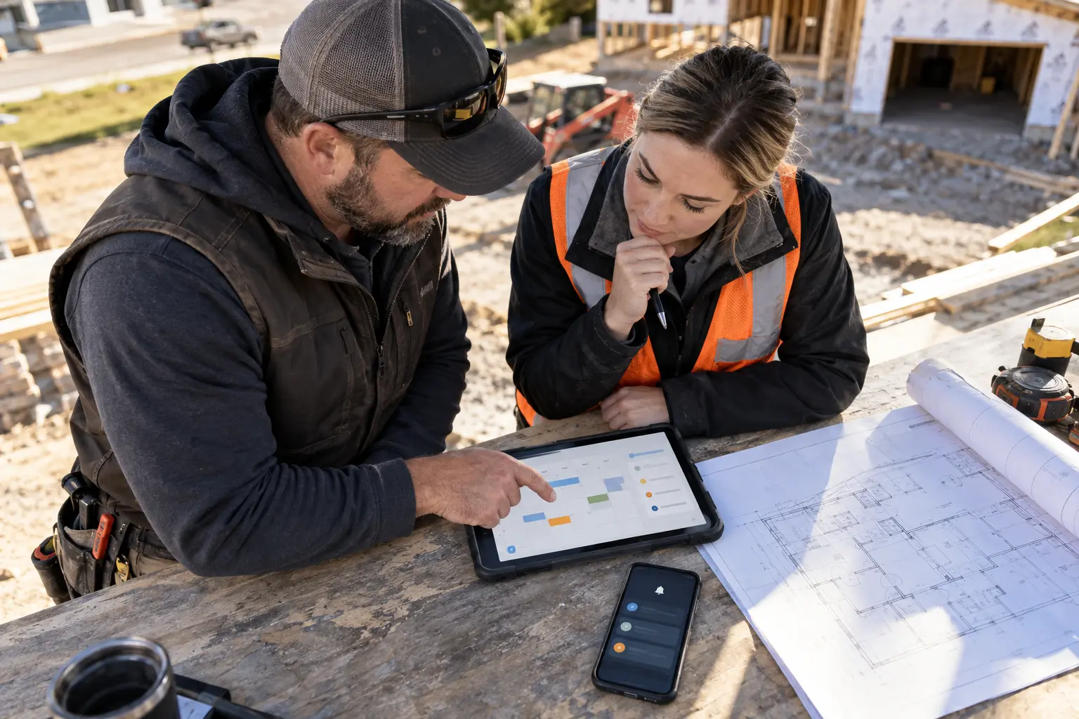 Contractor team reviewing project appointments and plans at a jobsite